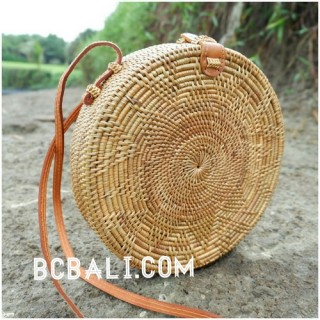 ata grass hand woven circle design handbag leather strap long handle